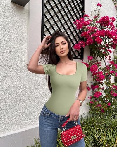 Image of OQQ Women's 2 Piece Bodysuits Sexy Ribbed One Piece Square Neck Short Sleeve Bodysuits
