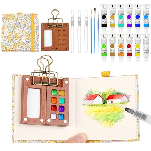 AOOTE Set de Mini Acuarelas Portátil,Paleta de Pintura de Acuarela de 12 Colores,Juego de Acuarela de Viaje de Madera de 8 Rejillas con Clip de Metal,Cuaderno de Bocetos,Pluma de Acuarela,Pintura