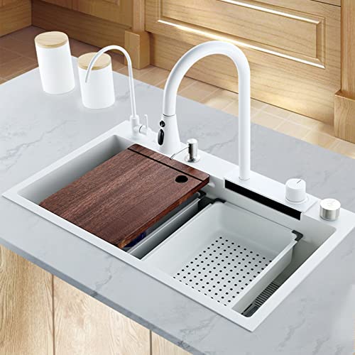 HRZZEOKV Weiße Wasserfall Spüle, Handgefertigte Nano Spüle, Geschirrspüler, Große Einzelspüle aus Edelstahl 304, mit Einbausatz...