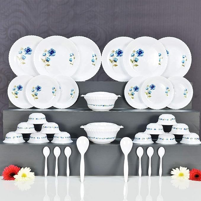 Image of Unbreakable Plastic Light Weight Dinner Set of 36 Pcs 6 Full Plates, 6 Quarter Plates, 12 Veg Bowls, 2 Serving Bowl with 2 Lids. 2 Serving Spoons and 6 Spoons, Solid, White
