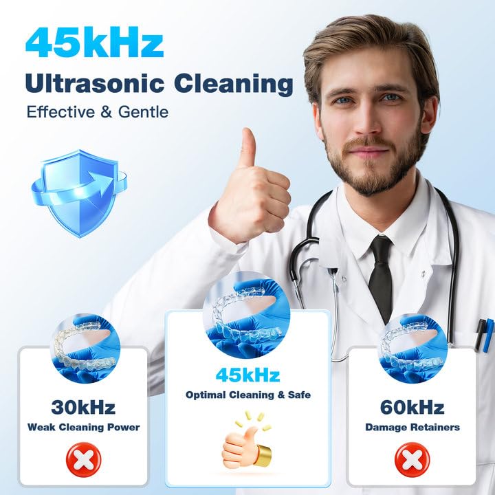 Ultrasonic Retainer Cleaner Machine,45kHz Ultrasonic Cleaner,360°Cleaning for Dentures,Aligner,Mouth Guard,Jewelry,Braces,Toothbrush Heads with 200 ML Dental Cleaning Pod, 3 Modes,White - Image 5