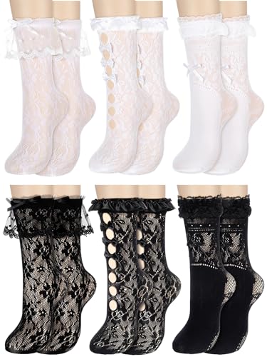 Image of Fourluoo Womens Lace Ankle Socks Classic Black and White Ruffle Frilly Socks Mesh Lace Sexy Trim Lolita Stockings for Women