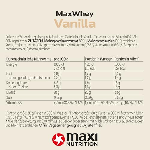 MaxiNutrition MaxWhey 100% Whey Proteinpulver Vanille 420 g Dose, ergibt 14 Protein-Shakes à 23g Eiweiß, ohne künstliche Aromen, inkl. Vitamin B6, Made in Germany