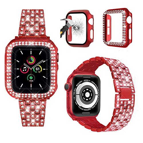 JOHIPI Compatible with Apple Watch Band 38mm 40mm 42mm 44mm with Case, Bling Diamond Metal Strap with Diamond Case and Glass Screen Protector Cover for iWatch Series 6 5 4 3 2 1 SE (Red, 40mm)