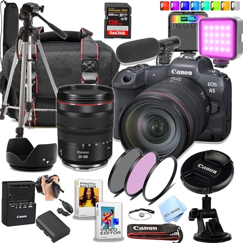 Canon EOS R5 45 MP Full-Frame Mirrorless Camera with 24-105mm USM Lens +128Gb Extreme Card + Case+ Microphone + RGB Video Light + Tripod + More (Content Creator Bundle) (Renewed)