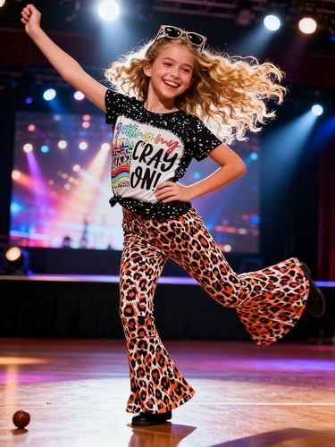 Image of Ayzozuy Kids Toddler Girl Clothes Letter Print Graphic Top + Leopard Print Flare Leg Pants 2PC Summer Clothing Set
