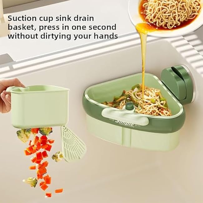 Suction Cup Sink Strainer: Plastic Sink Storage Rack Holder, Triangular Sinks Basket Shelf with Suction Cup Sucker, Corner Hanging, Rust Resistant, for Kitchen Bathroom Dishware ? (Green)