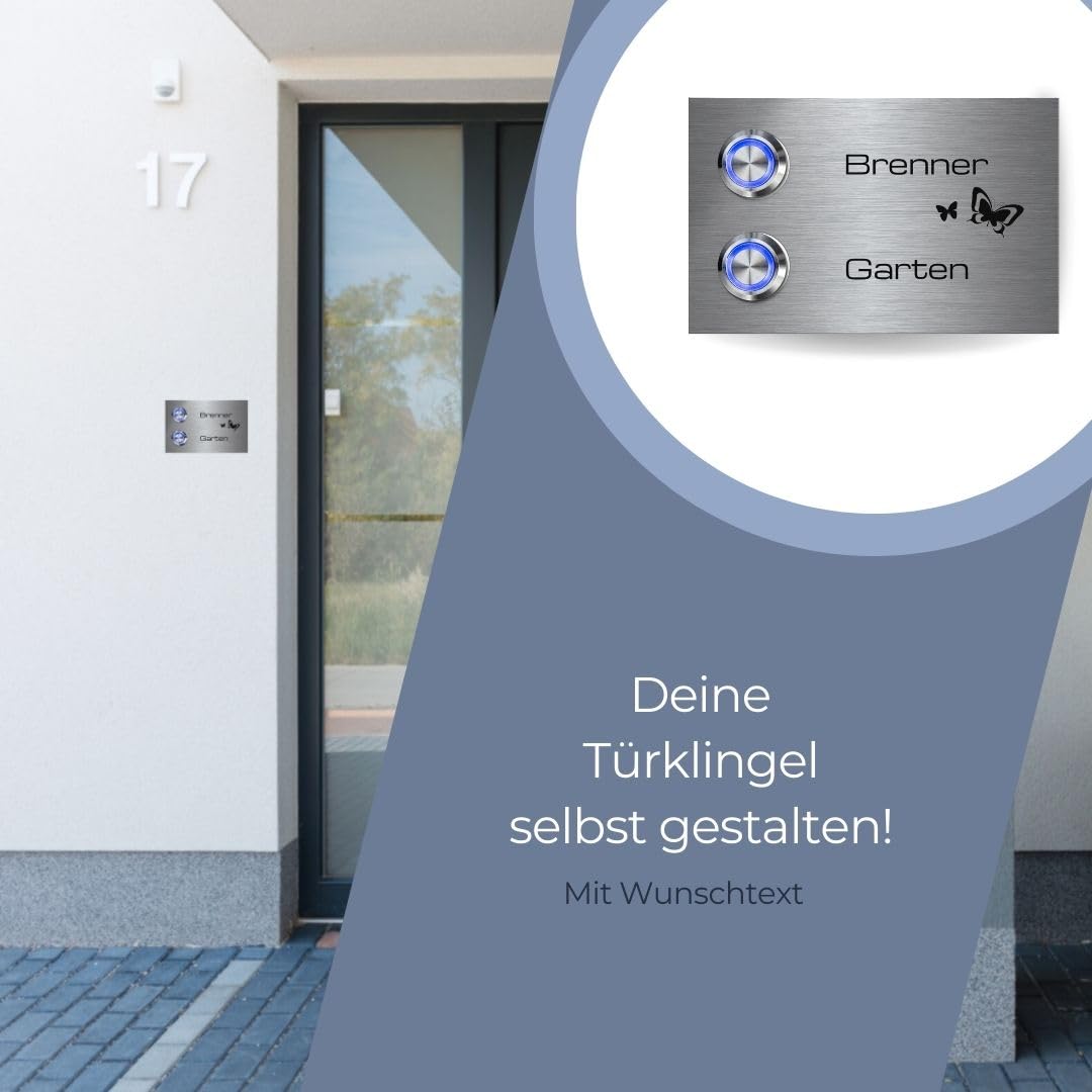 Mehrfamilien Türklingel mit zwei Tastern - Modell Brenner 11x7 cm | große Auswahl an Motiven und Zubehör - personalisierte Gravur mit Familiennamen und Wunschtext