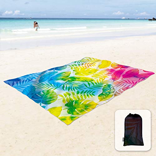 Sunlit Silky Soft 85"x72" Sand Proof Beach Blanket Sand Proof Mat with Corner Pockets and Mesh Bag for Beach Party, Travel, Camping and Outdoor Music Festival, Tropical Plants, Pink Blue and Yellow