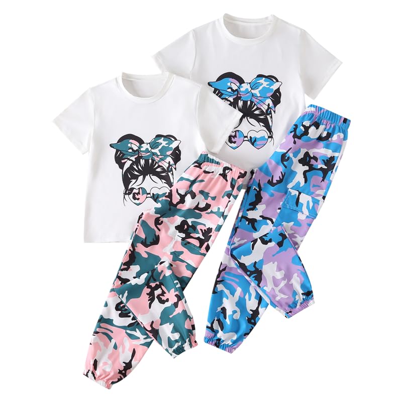 Image of Girls 6 Piece Outfits Casual Cargo Jogger Pants and Basic Love Graphic Print Short Sleeve Top Set 4-12 Years