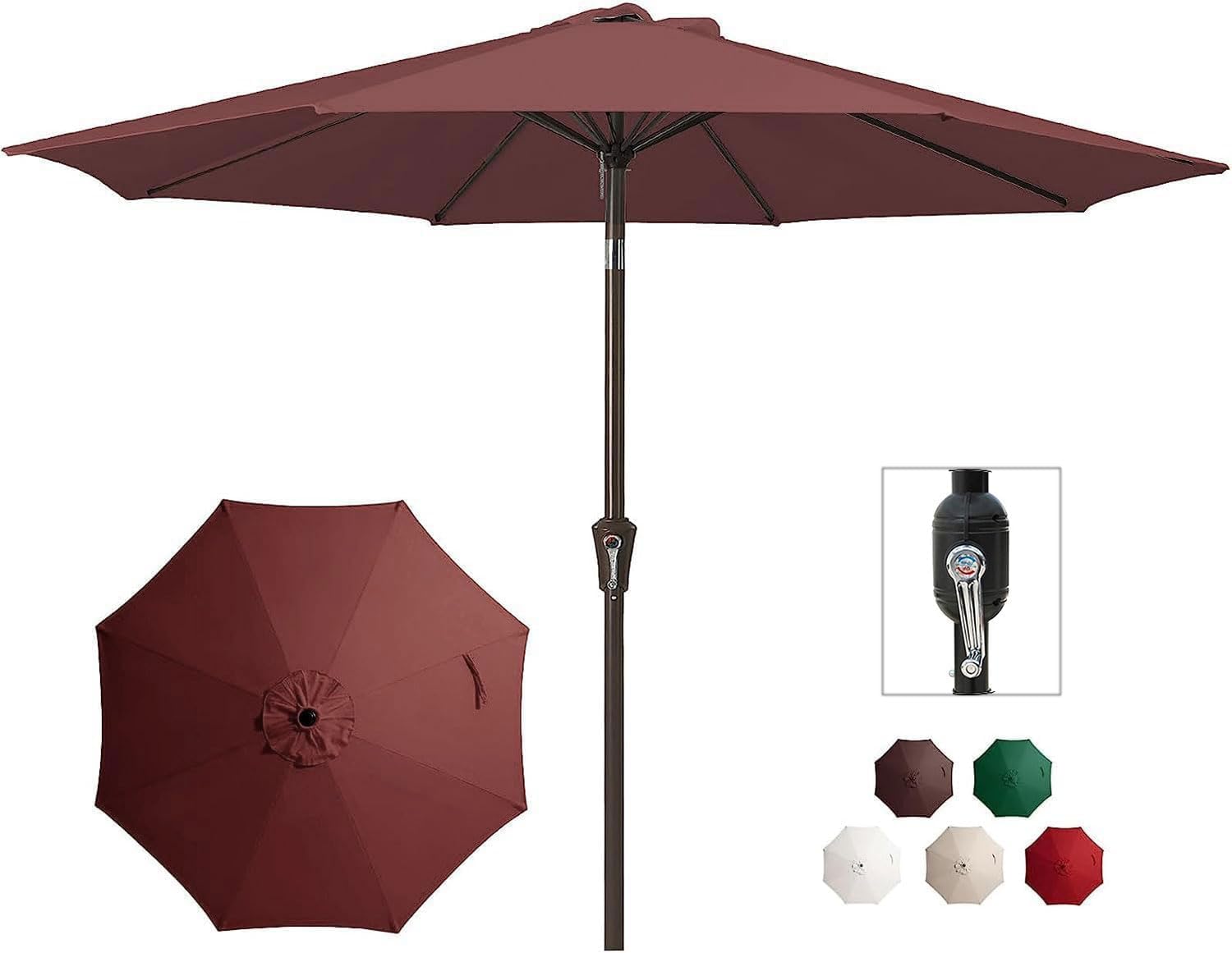 LIODUX 2.7M Outdoor Patio Umbrella Outdoor Table Umbrella with Push Button Tilt and Crank, Market Umbrella 8 Sturdy Ribs UV Protection Waterproof for Garden, Deck, Backyard, Pool (Coffee)