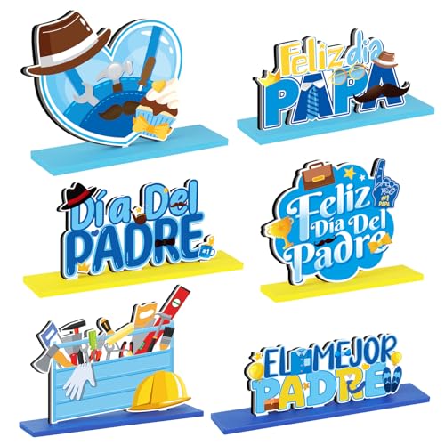 6 PCS Father's Day Spainish WoodenTable Centerpiece Decor Feliz Dia Papa Wood Tabletop Centerpiece Signs for Fathers Day Party Supplies