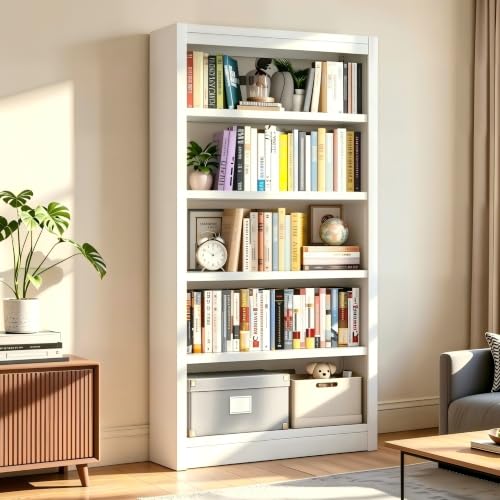 Image of Metal Bookshelf, 69 inch Tall Heavy Duty Adjustable Bookcase, White | 5-Tier Industrial Shelves, Large Open Display Shelf, Easy Assembly, For Living Room, Home Office, Study