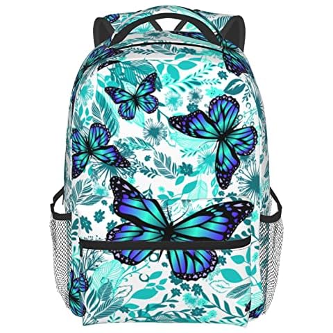 AuHomea Pink Flamingo Backpack For College School Large 17 Inch With Laptop Compartment Shoulder Bags Student Bookbag, Blue Floral Butterflies, One size Cover