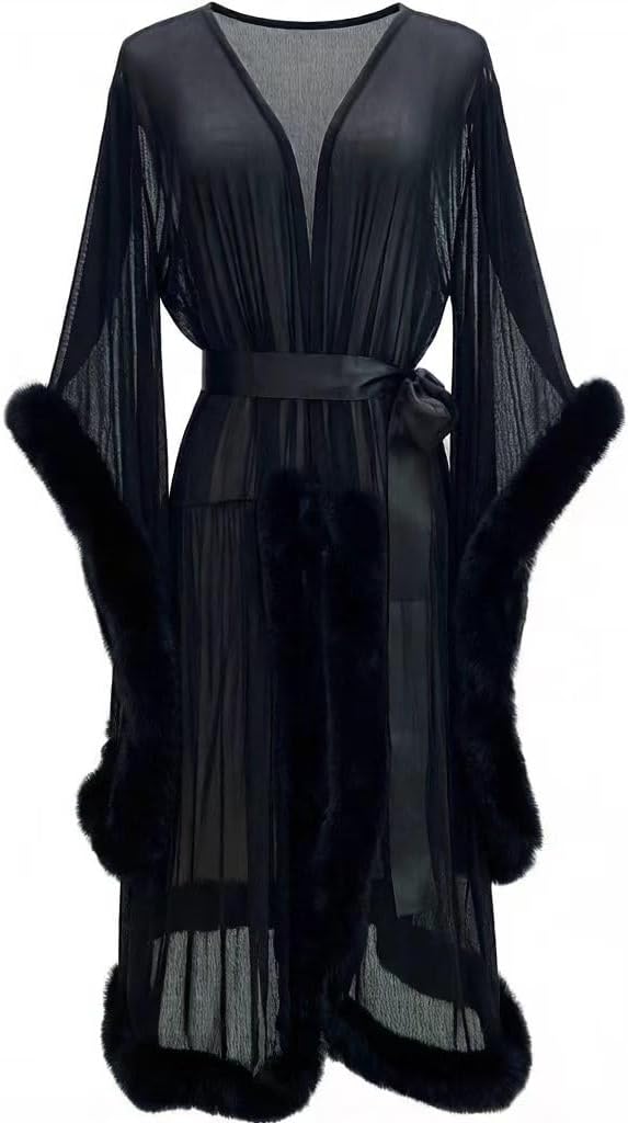 Robes For Women Tulle Robe with Faux Fur Trim, Sexy,Soft and Comfortable,Perfect for Spa Nights and Maternity Photoshoot - Image 3