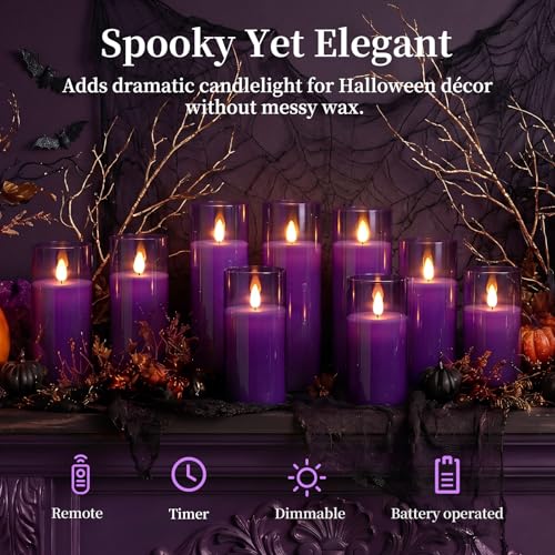 Image of Homemory Purple Flickering Flameless Candles, Battery Operated Acrylic LED Pillar Candles with Remote Control and Timer, Purple Decor, Set of 9