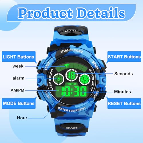 Image of Edillas Kids Digital Watch 7 Colors 50M Waterproof Sport Alarm Boys 7-15 | 7 Color Lights, 50M Waterproof, Alarm, Stopwatch, Easy to Read, Comfort Strap, Great Sport Watch for Outdoor Ages 7-15