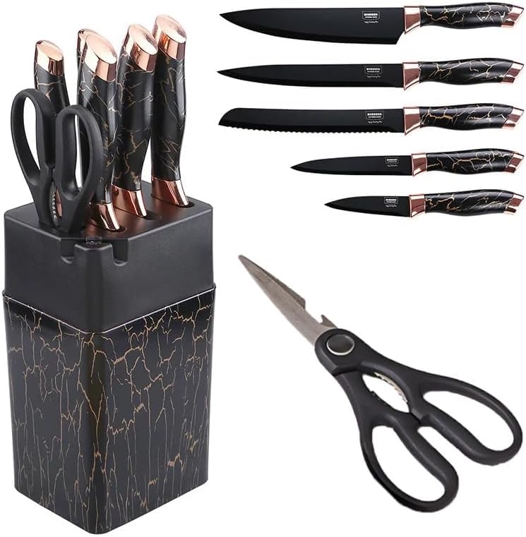 Image of Tetpino Kitchen Knife Set 7-Piece with Block | Sharp Stainless Steel Knives with Non-Stick Coating & Non-Slip Handles | Professional Chef Knife Set for Home & Restaurant (Black Gold)