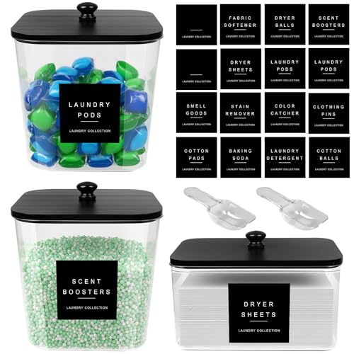 POLRAI 3 Pack Laundry Pod Containers and Dryer Sheet Holder Acrylic Jars with Bamboo Lids and Labels Laundry Room Organization Containers for Scent Booster Powder Detergent Pods Storage