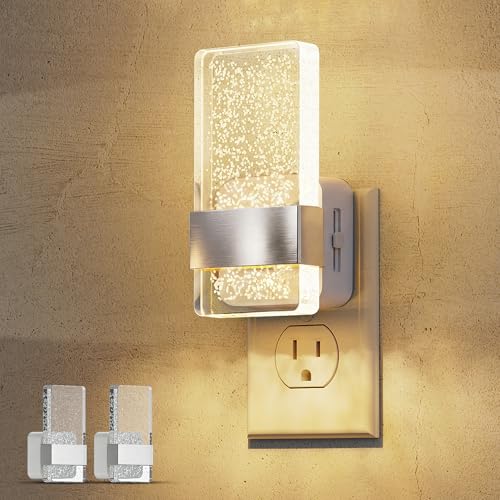 Image of L LOHAS LED Night Light, Dimmable Night Lights Plug into Wall, 2 Pack Acrylic Silver Nightlight with Light Sensor, 0-100LM Automatic Plug in Nightlight for Bathroom, Hallway, Stairway, Gift
