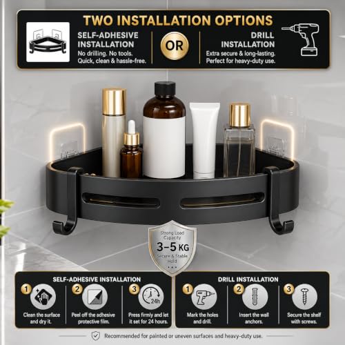 Image of Hallstatt Pack of 2, Self Adhesive Aluminum Corner Bathroom Shelf for Wall Shelf Organizer Bathrooms Shelves Rack Holder Stand for Bathroom Accessories Organiser Without Drill and with Drill Option