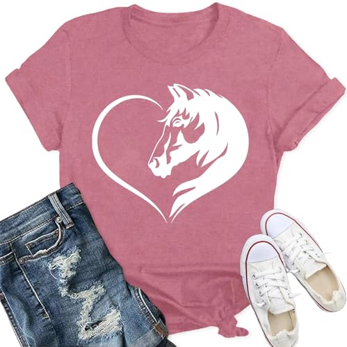 Qskall Horses T Shirt Horseback Riding Shirts Equestrian Lover Tee Top Pink