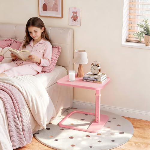 Image of Kitstorack TV Tray Table, Adjustable Height & Rounded Metal Corners, Snack Table for Couch, Sofa, Bed, Chair, Living Room, C Shaped End Side Table for Eating, Dinner or Laptop, Small Spaces, Pink