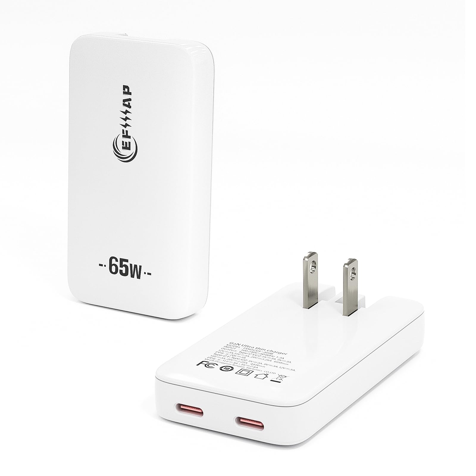 Flat 2-Port USB C Wall Charger 65W Slim Block USB-C Super Fast Charging for iPhone 16/15, Pro Max/Samsung Galaxy Models (White)