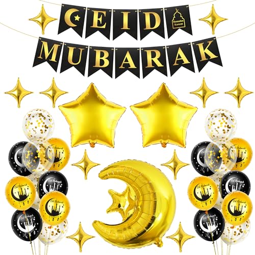 KatchOn Eid Mubarak Banner Set - Pack of 34 No DIY | Eid Mubarak Latex Balloons Eid Decorations for Home | Eid Balloons for Eid Mubarak Decorations | Eid Al Fitr Decorations Eid Mubarak Banner