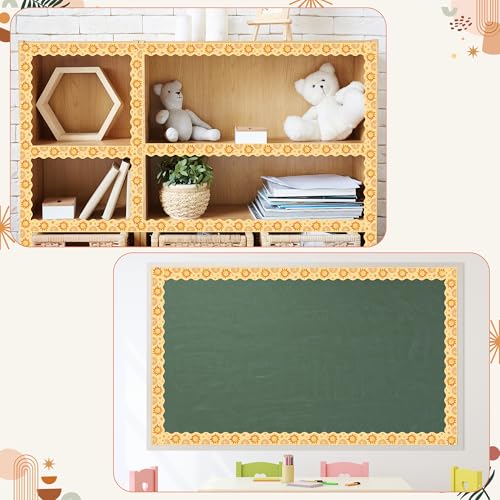 Image of BeYumi Boho Sun Border Trim - 65ft Back to School Boho Sun Scalloped Rolled Border Trim Pastel Watercolor Bulletin Board Set Classroom Office Chalkboard Kindergarten Elementary Home Party Decoration