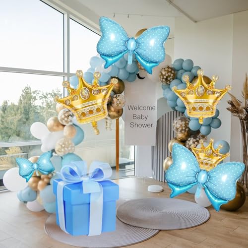 Image of 10pcs Gold Crown Balloons And Blue Bow Balloon, Light Blue Bows Balloons, Large Gold Crown Foil Balloon With Two Sizes For Birthday Baby Shower Theme Party Wedding Bridal Shower Decor