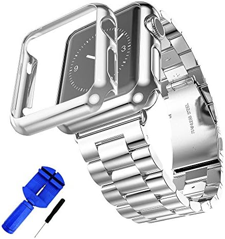 HUANLONG Compatible with Apple Watch Band, Solid Stainless Steel Metal Strap Band w/Adapter+Case Cover for Apple Watch iWatch 38/42mm (H Silver 38mm)