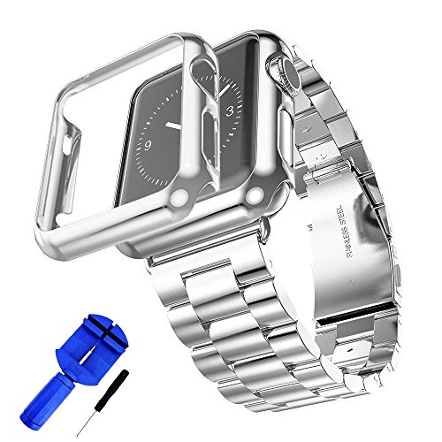 Huanlong Compatible With Apple Watch Band, Solid Stainless Steel Metal Strap Band W/Adapter+Case Cover For Apple Watch Iwatch 38/42Mm (H Silver 38Mm) #TOP14