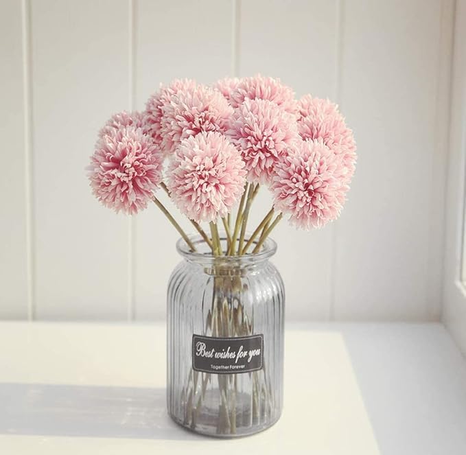 VRB Dec Artificial Dahlia Flowers |Chrysanthemum Ball Bouquet with Glass Vase |10Pcs, Baby Pink-image-17