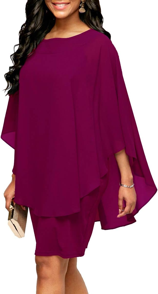 Closhion Women's Casual Plus Size Chiffon Overlay Round Neck Party Midi Dresses