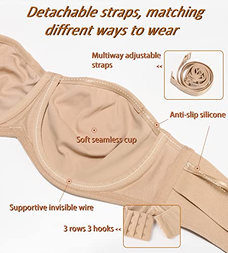 Dotvol Women's Seamless Bandeau Unlined Underwire Minimizer Strapless Bra For Large Bust(Beige，36Ddd) #TOP2