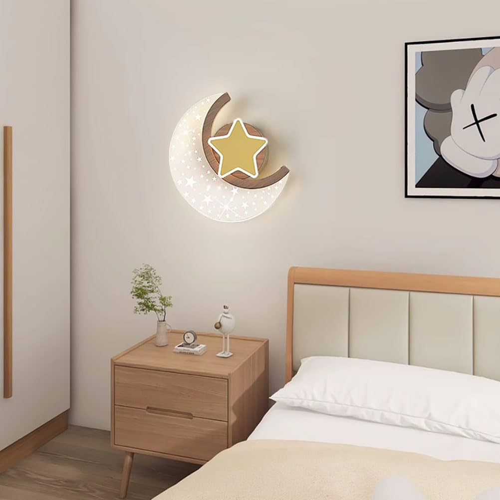 LED Mond Wandlampe Innen Holzoptik 12W Modern Kinder Wandleuchte Sterne und Mond Nachttischlampe 3 Farbtemperatur Junge Mädchen kinder Schlafzimmerlampe Nachtlicht Kinderzimmer Wandbeleuchtung,1 pcs.