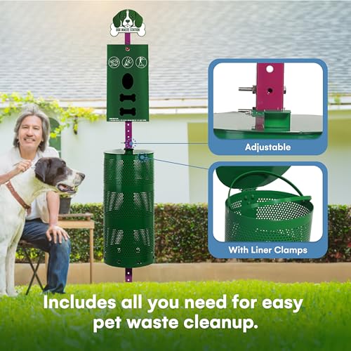 Flybold Dog Waste Station - Outdoor Dog Poop Trash Can with Poop Bag Dispenser - 400 Roll Bags, 100 Pull Bags, 50 Can Liners - Pet Waste Bag Disposal System for Parks and Public Spaces - 13x26 Inches