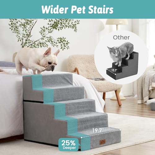 Image of COZY KISS Dog Stairs for Small Dogs, 5 Step Pet Stairs for Beds & Couches | 23.6 inch H Wide Non-Slip Dog Steps with Removable Tiers & Support Board for Puppies, Older Cats & Dogs, Grey