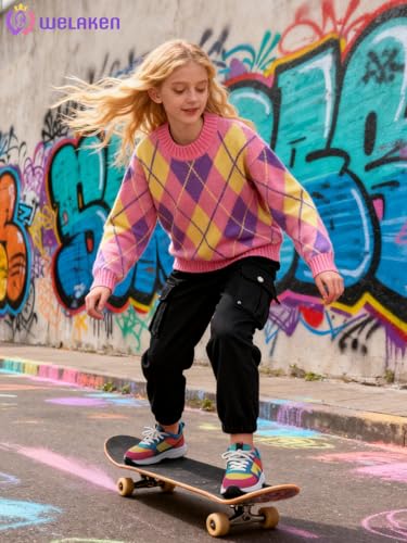 Image of WELAKEN Girls Sweater Colorful Patterned Crewneck Long Sleeve Knit Pullover