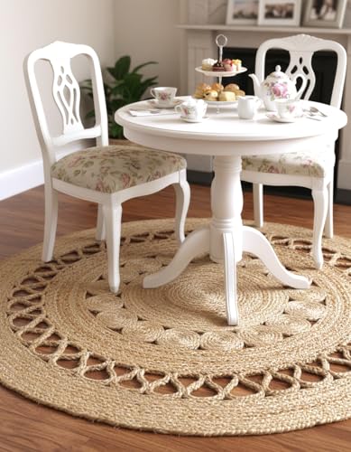 Vayu Earth 122cm Round Jute Rug, Hand Braided 100% Natural Jute Rug, Hand Woven Reversible Rustic Carpet, Boho Farmhouse Circular Area Rug for Living Room, Bedroom, Kitchen, or Home Decor