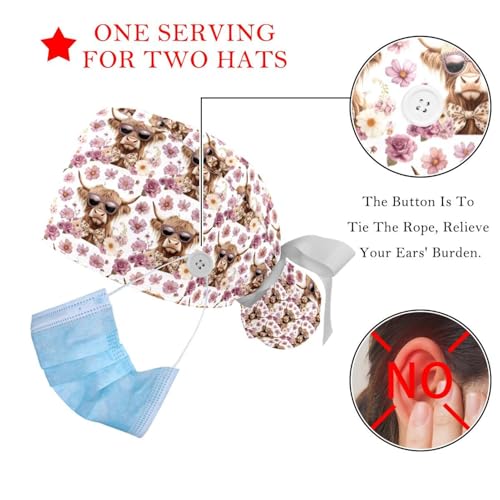 Image of 2 PCS Bouffant Cap with Button Ponytail Pouch Working Cap Sweatband Adjustable Surgical Cap Black and White Cow