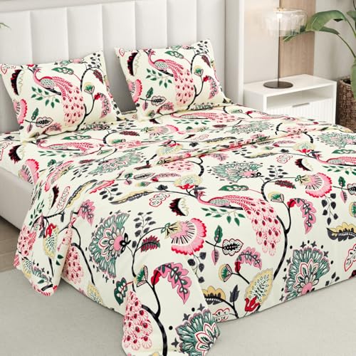 Image of Rivermoor 200 TC Ultrasoft Bedsheet for Double Bed | Queen Size Bed Sheet with 2 Pillow Covers | Cream Floral Print | 88 x 96 Inches | Breathable & Hypoallergenic