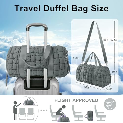 Quilted Travel Duffle Bag Gym Bag&Quilted Backpack Purse for Women,Large Puffer Duffle Weekender Bag Lightweight Puffer Puffy College Laptop Backpack with Compartment for Travel Gym Airplane(Grey)3