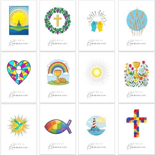 Kommunionskarten Set 12 Stück moderne Erstkommunion Karten mit 12 hellen Aquarell Designs 300gsm Perlglanz Karton