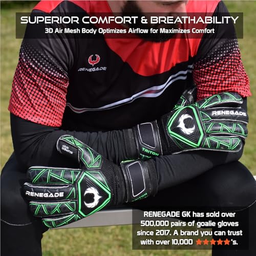 Image of Renegade GK Renegade GK Triton Raider Roll Cut Level 2 Goal Keeper Gloves with Pro-Tek Fingersaves - Boys & Girls Goalie Gloves Size 7 - Youth Keeper Gloves Black & Green