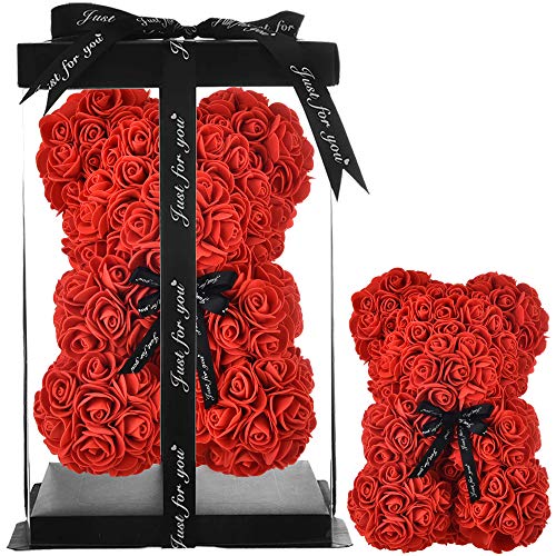 Rose Bear Mothers Day Mom Gifts for Women Gifts for Birthday Girlfriend Gifts for Her , Rose Flowers Rose Teddy Bear Unique Perfect for Anniversary Christmas Mothers Day Clear Gift Box Included (Red)