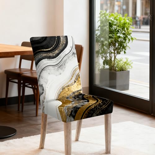 Image of Nuxovilar 6PCS Black White Gold Wave Ink Texture Stretch Covers | Stretch Slipcover Modern Protector Wave Ink Wrap Seat Guard Dining Room Living Luxury Space (Gold Wave Ink)