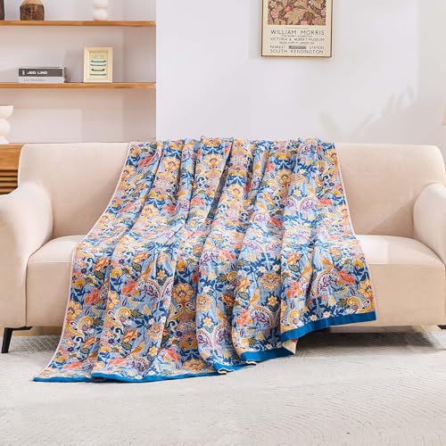 Image of XIBLC Boho Throw Blanket for Bed, 100% Cotton Soft Rustic Quilt Fall Blanket, 90 inchx98 inch Floral Printed Farmhouse Decor Bed Blankets, All Season Rustic Reversible Bohemian Throw Quilt