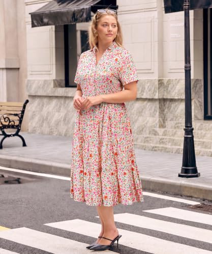 Image of CARCOS Plus Size Dresses for Curvy Women Collared Vneck Short Sleeve Dresses Midi Summer Ruffle Dress with Pocket XL-5XL